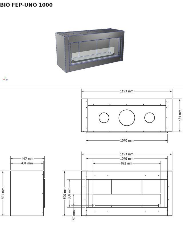 BIO FEP-UNO 1000 — render 3D y medidas