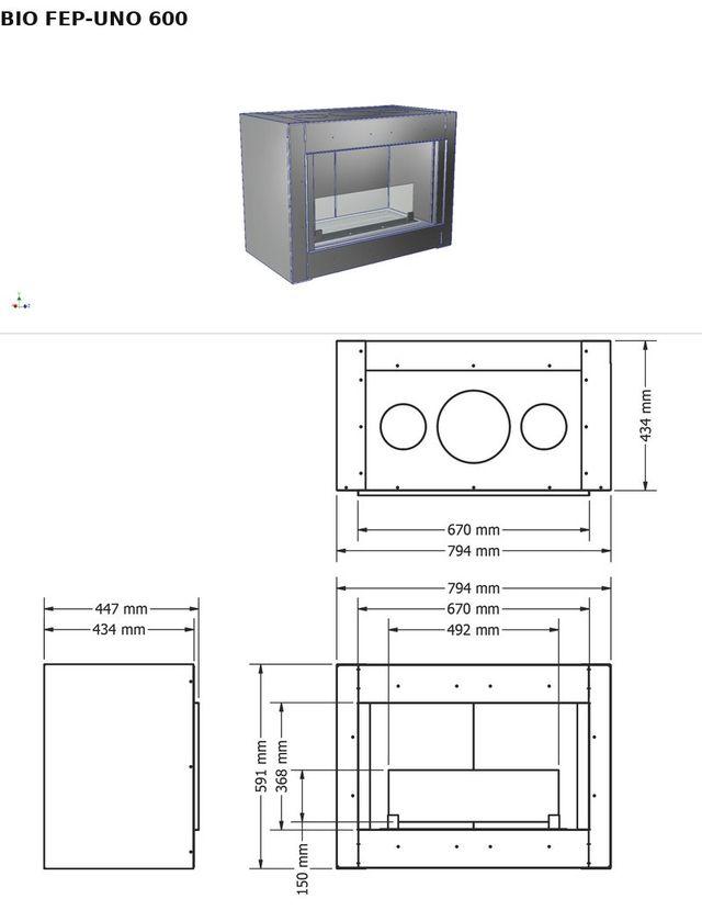 BIO FEP-UNO 600 — render 3D y medidas